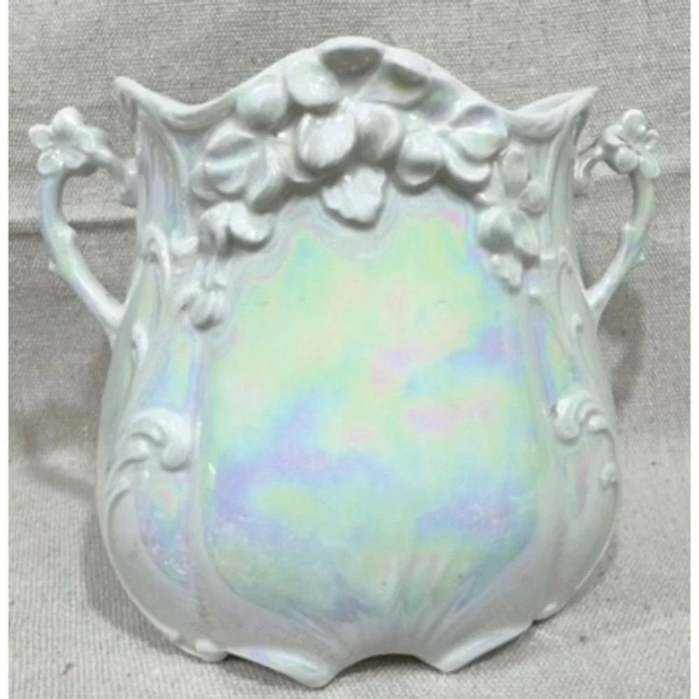 Antique 1910s Iridescent Luster Porcelain Vase Gold Gilt Floral Double Handle